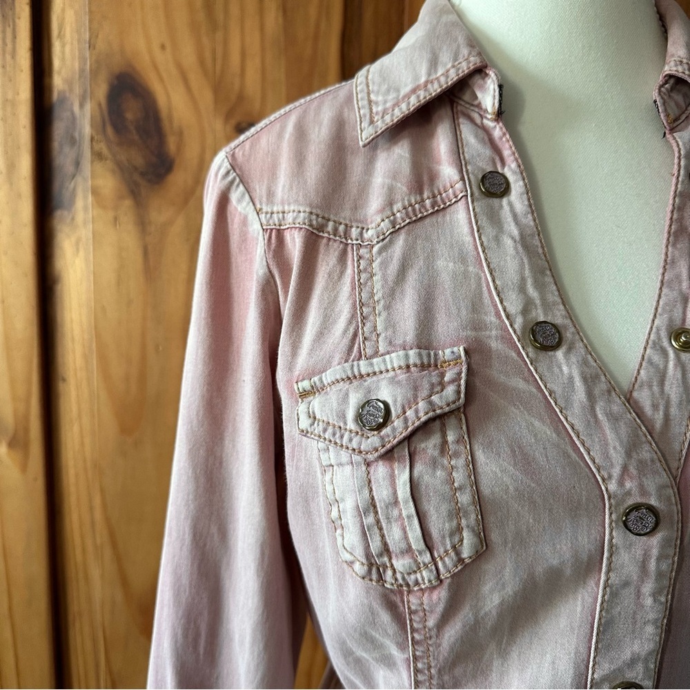 Vintage Y2K Guess Los Angeles Faded Washed Pink Button Up Shirt Cinch Waist - M - Picture 12 of 15